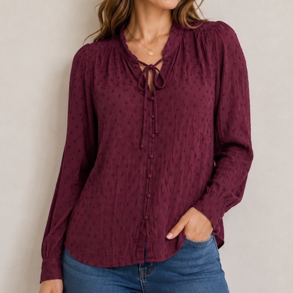 LOFT Burgundy Swiss Dot‎ Tie Neck Button Front Blouse S Romantic Cottagecore